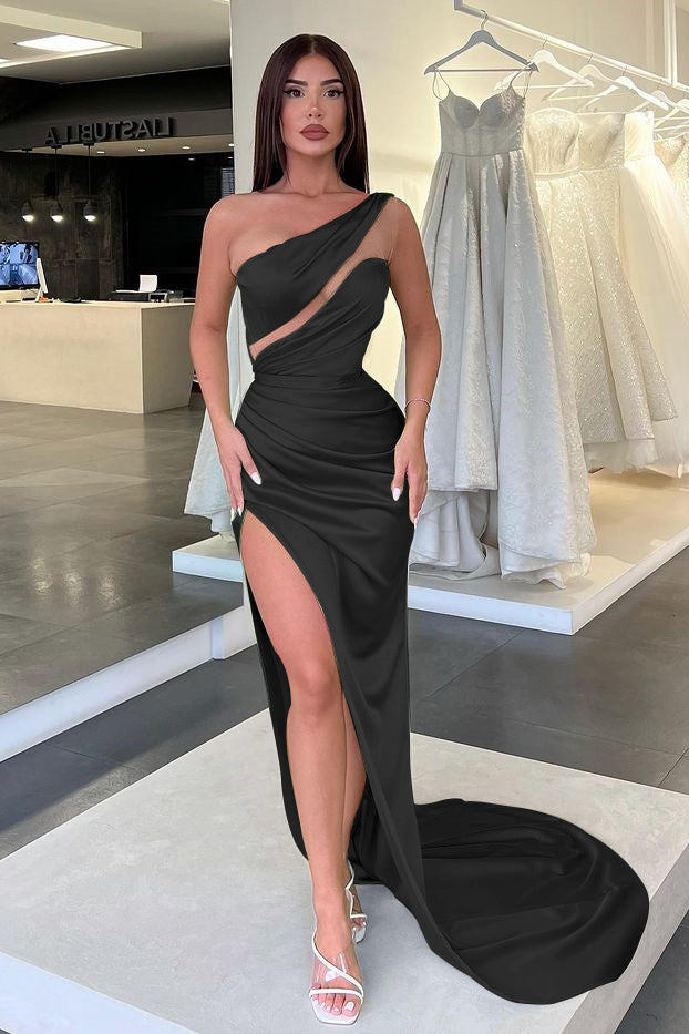 Showprettydess Light Green One-Shoulder Long Sleeveless Slit Evening Dress-showprettydress