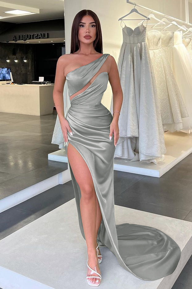 Showprettydess Light Green One-Shoulder Long Sleeveless Slit Evening Dress-showprettydress