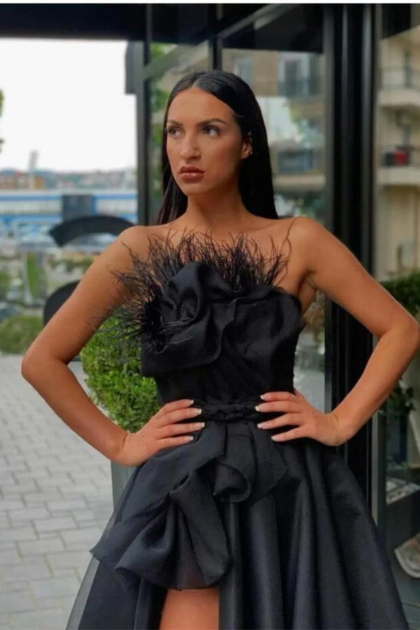 Showprettydess Long Black Prom Dress with Split & Feather-showprettydress