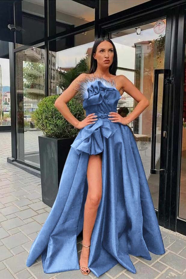 Showprettydess Long Black Prom Dress with Split & Feather-showprettydress