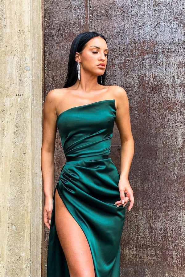 Showprettydess Long Dark Green Evening Dress with Split-showprettydress