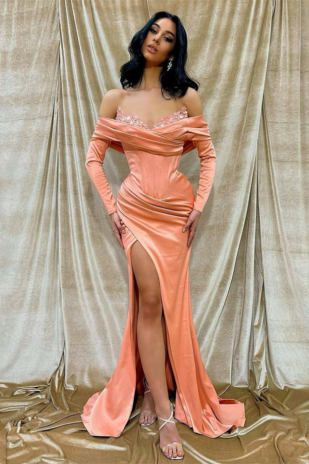 Showprettydess Long Sleeve Front Split Off-the-Shoulder Mermaid Prom Dress with Sequins-showprettydress
