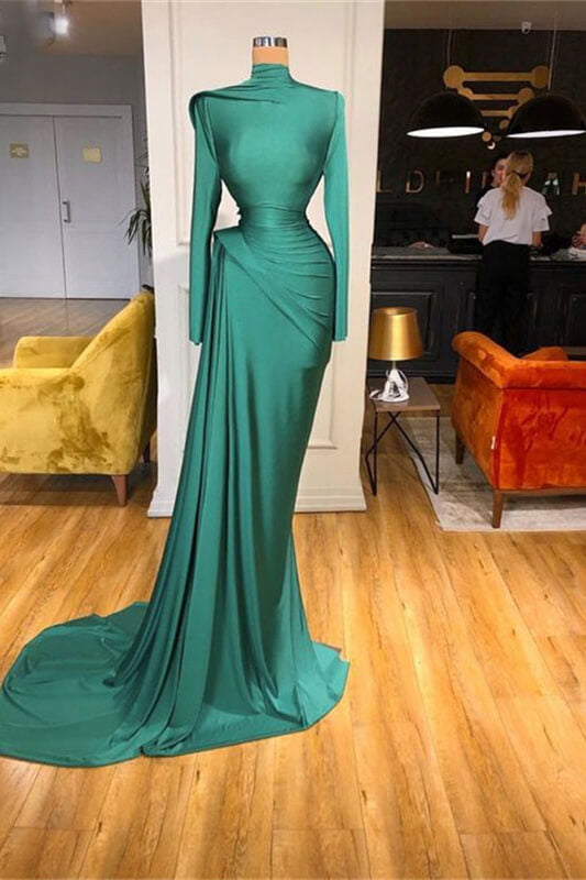 Showprettydess Long Sleeve Green High Neck Mermaid Prom Dress with Ruffles-showprettydress