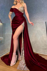 Showprettydess Long Sleeve Sweetheart Prom Dress with One Shoulder Mermaid Split & Beadings-showprettydress