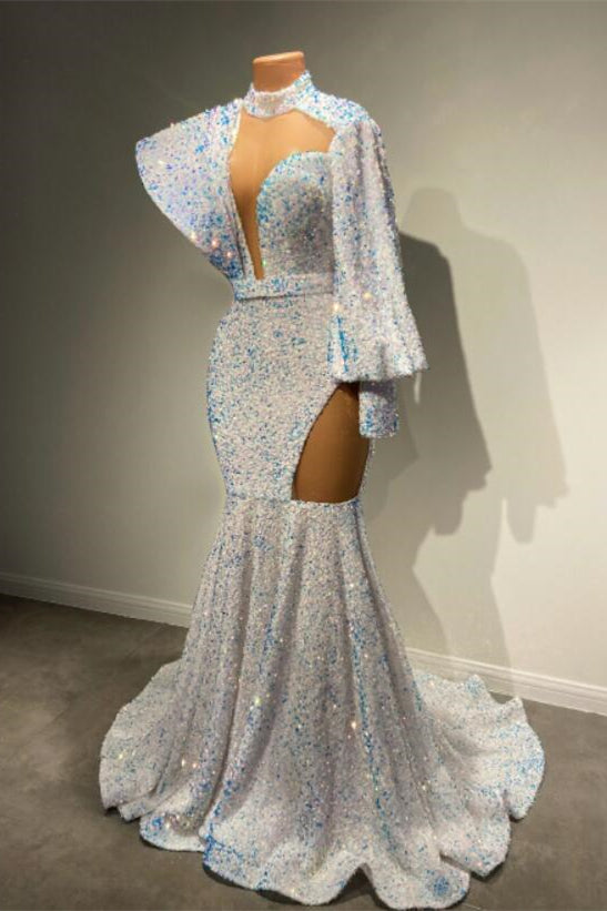 Showprettydess Long Sleeves High Neck Mermaid Prom Dress with Sequins-showprettydress