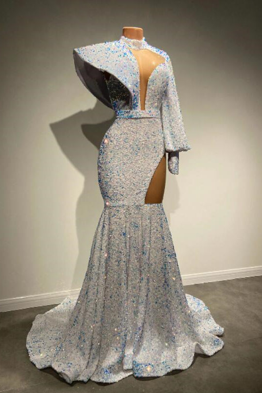 Showprettydess Long Sleeves High Neck Mermaid Prom Dress with Sequins-showprettydress