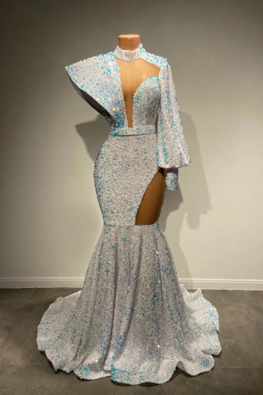 Showprettydess Long Sleeves High Neck Mermaid Prom Dress with Sequins-showprettydress