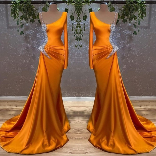 Showprettydess Long Sleeves Mermaid Burnt Orange Prom Dress with Beads-showprettydress