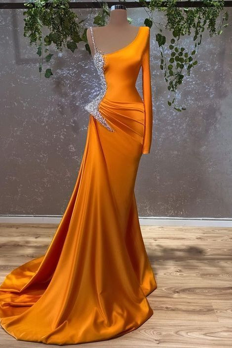Showprettydess Long Sleeves Mermaid Burnt Orange Prom Dress with Beads-showprettydress