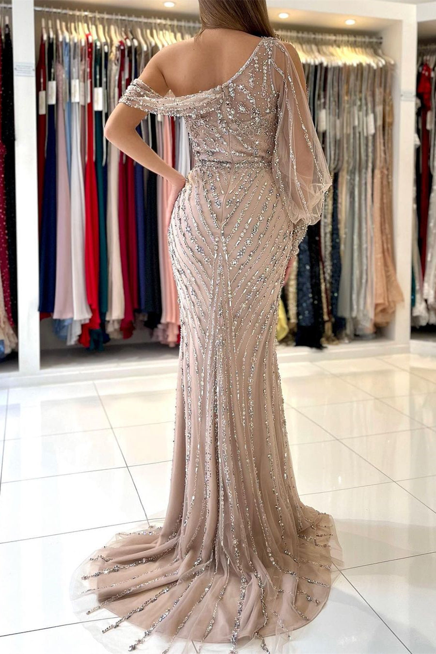 Showprettydess Long Sleeves Mermaid Prom Dress with Split & Beadings-showprettydress