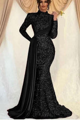 Showprettydess Long Sleeves Mermaid Sequined Prom Dress with High Collar & Ruffles-showprettydress