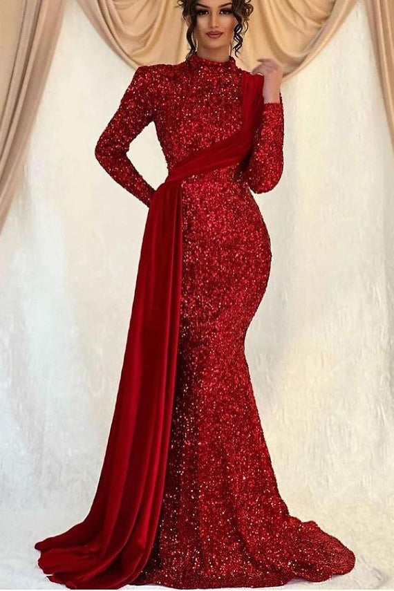 Showprettydess Long Sleeves Mermaid Sequined Prom Dress with High Collar & Ruffles-showprettydress