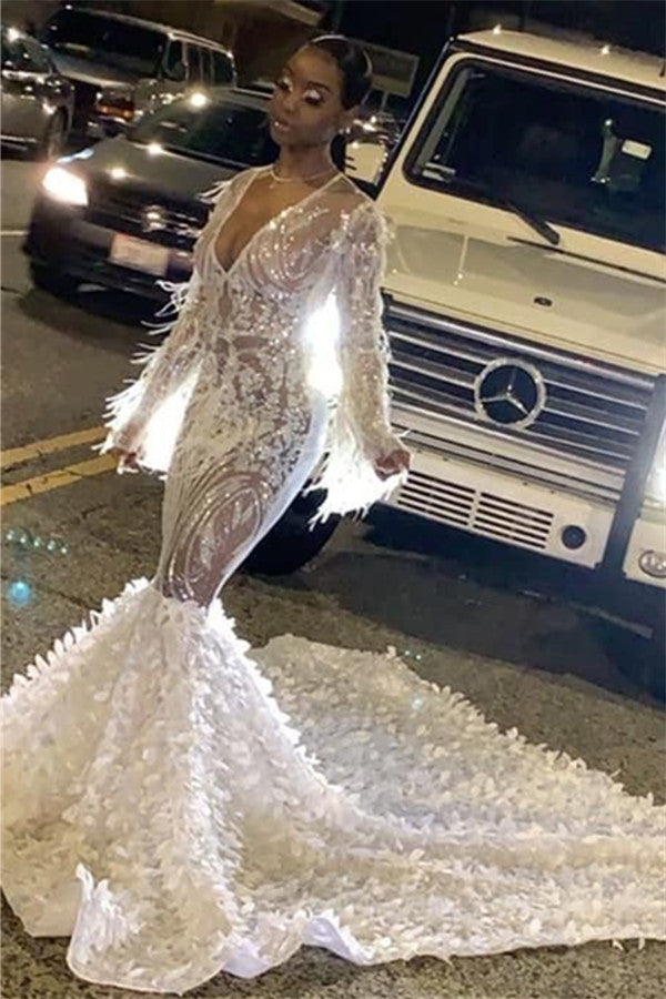 Showprettydess Long Sleeves Sequined Sexy Mermaid Prom Dress with V-Neck-showprettydress
