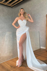 Showprettydess Long Sleeves White Mermaid Prom Dress with Split & Sequins-showprettydress