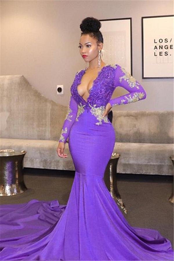 Showprettydess Mermaid Long Sleeves V-Neck Prom Dress with Lace Appliqués-showprettydress