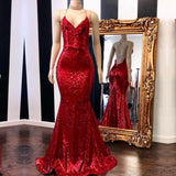 Showprettydess Mermaid Red Spaghetti-Straps Long Prom Dress with Sequins-showprettydress
