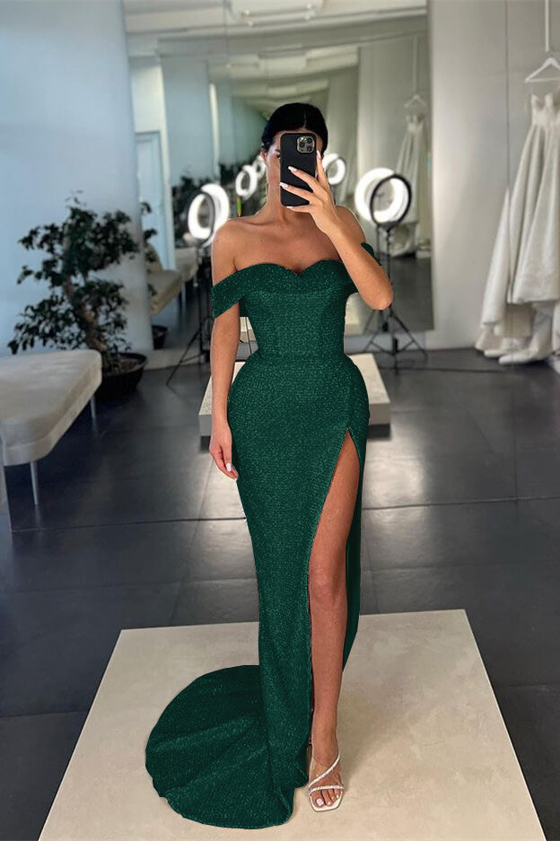 Showprettydess Mermaid White Off-the-Shoulder Sequined Slit Prom Dress-showprettydress
