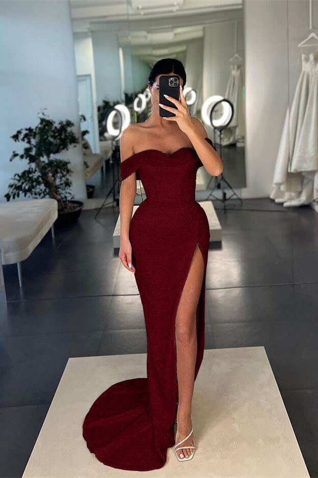 Showprettydess Mermaid White Off-the-Shoulder Sequined Slit Prom Dress-showprettydress