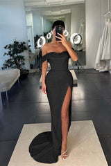 Showprettydess Mermaid White Off-the-Shoulder Sequined Slit Prom Dress-showprettydress