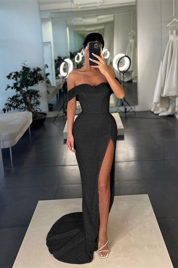 Showprettydess Mermaid White Off-the-Shoulder Sequined Slit Prom Dress-showprettydress