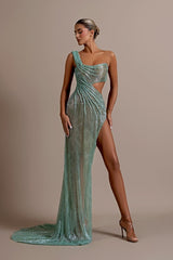Showprettydess Mint Green One-Shoulder Long Prom Dress Sleeveless with Split-showprettydress
