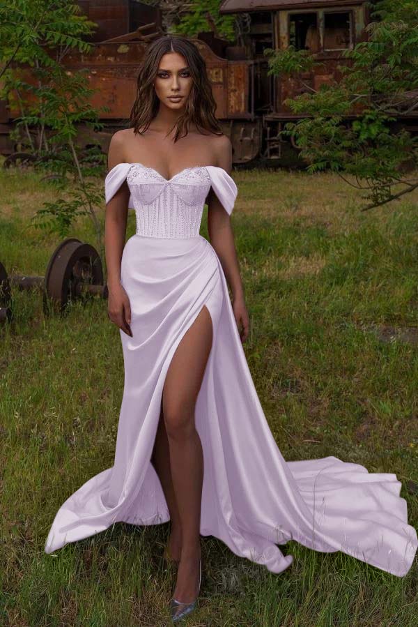 Showprettydess Off-the-Shoulder Mermaid Prom Dress with Beadings & Split-showprettydress