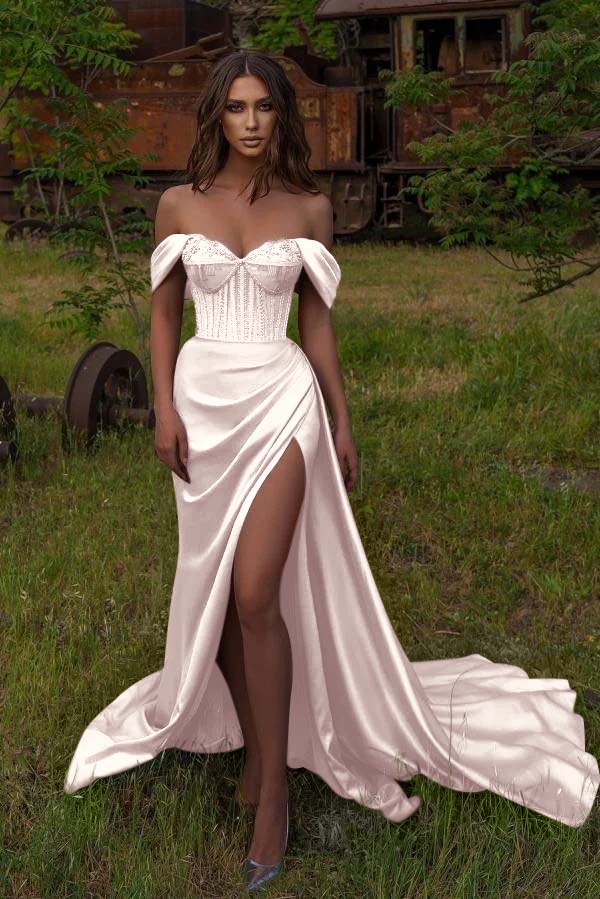 Showprettydess Off-the-Shoulder Mermaid Prom Dress with Beadings & Split-showprettydress