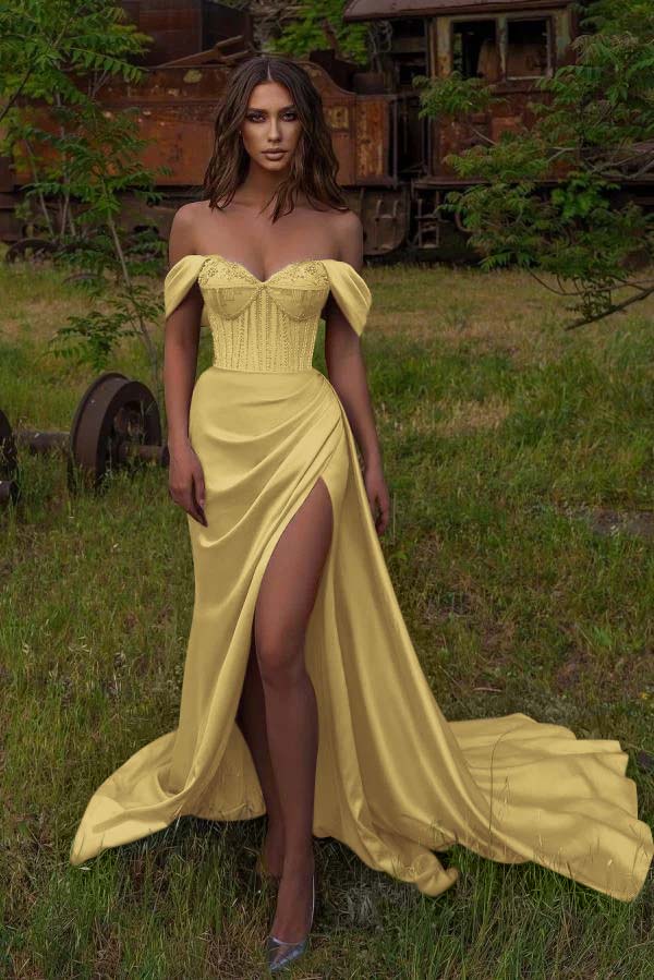 Showprettydess Off-the-Shoulder Mermaid Prom Dress with Beadings & Split-showprettydress