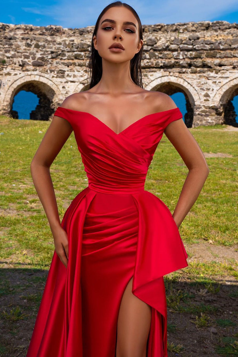 Showprettydess Off-the-Shoulder Red Mermaid Prom Dress with Split-showprettydress