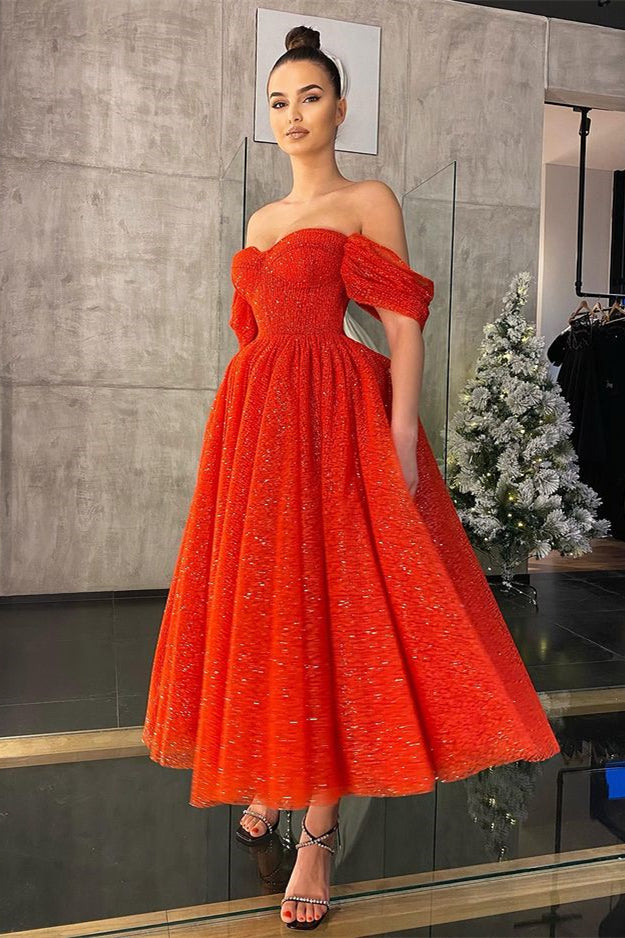 Showprettydess Off-the-Shoulder Red Prom Dress with Sequins-showprettydress