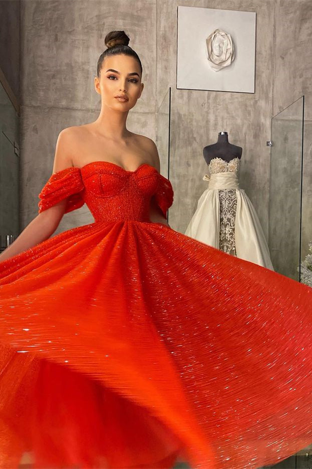 Showprettydess Off-the-Shoulder Red Prom Dress with Sequins-showprettydress