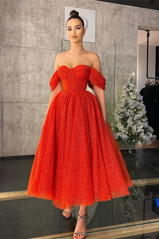 Showprettydess Off-the-Shoulder Red Prom Dress with Sequins-showprettydress