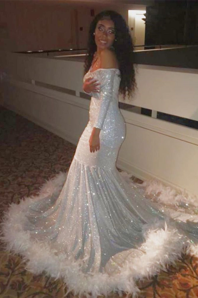 Showprettydess Off-the-Shoulder Sequined Long Sleeves Long Mermaid Prom Dress with Feathers-showprettydress