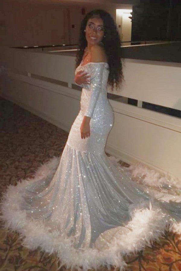 Showprettydess Off-the-Shoulder Sequined Long Sleeves Long Mermaid Prom Dress with Feathers-showprettydress