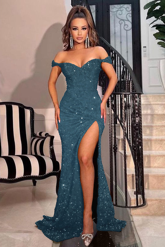 Showprettydess Off-the-Shoulder Sweetheart Red Sequined Mermaid Prom Dress with Split-showprettydress