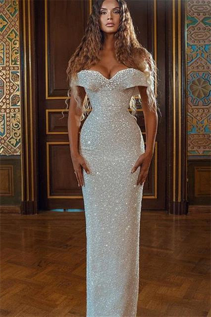 Showprettydess Off-the-Shoulder White Sequined Mermaid Prom Dress-showprettydress
