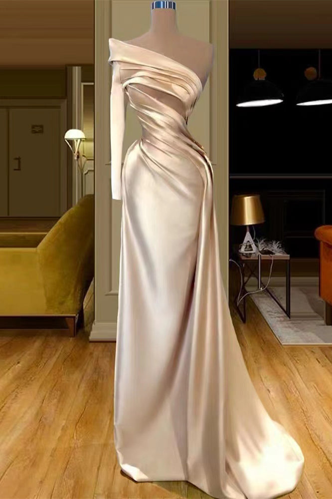 Showprettydess One-Shoulder Champagne Long Sleeves Mermaid Prom Dress-showprettydress