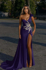 Showprettydess One-Shoulder Mermaid Prom Dress with Daffodil Front Split & Beadings-showprettydress