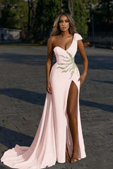 Showprettydess One-Shoulder Mermaid Prom Dress with Daffodil Front Split & Beadings-showprettydress