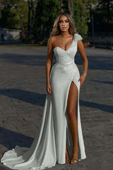 Showprettydess One-Shoulder Mermaid Prom Dress with Daffodil Front Split & Beadings-showprettydress