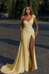 Showprettydess One-Shoulder Mermaid Prom Dress with Daffodil Front Split & Beadings-showprettydress