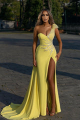 Showprettydess One-Shoulder Mermaid Prom Dress with Daffodil Front Split & Beadings-showprettydress