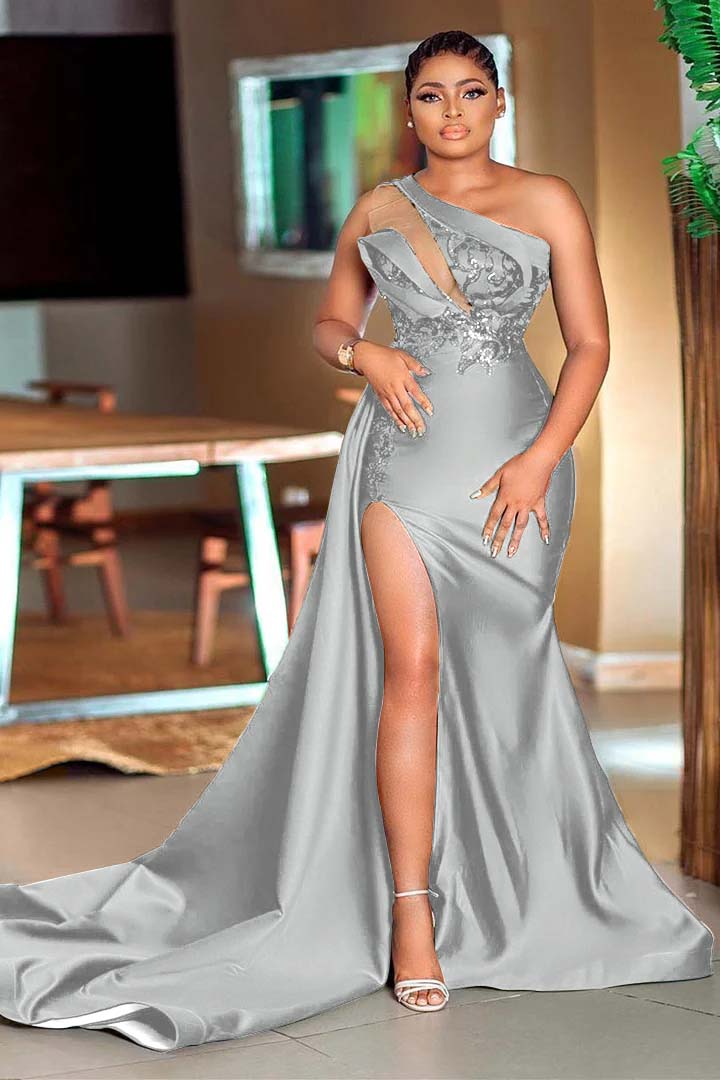 Showprettydess One-Shoulder Mermaid Sequined Green Prom Dress with Split-showprettydress