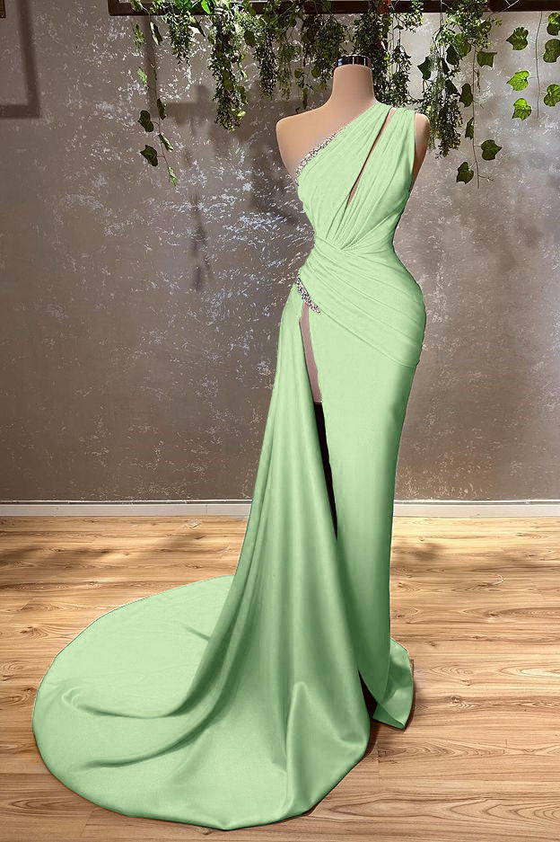 Showprettydess One-Shoulder Ocean Blue Evening Dress with Mermaid Silhouette & Long Split-showprettydress