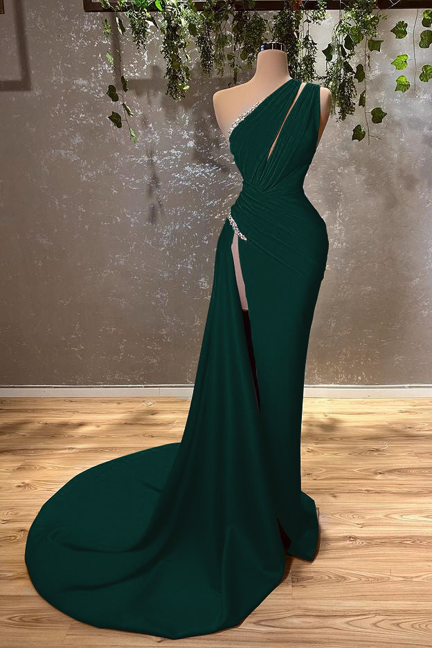 Showprettydess One-Shoulder Ocean Blue Evening Dress with Mermaid Silhouette & Long Split-showprettydress