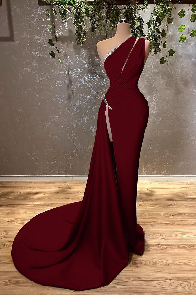 Showprettydess One-Shoulder Ocean Blue Evening Dress with Mermaid Silhouette & Long Split-showprettydress
