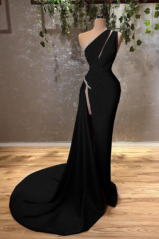 Showprettydess One-Shoulder Ocean Blue Evening Dress with Mermaid Silhouette & Long Split-showprettydress
