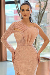 Showprettydess One-Shoulder Split Long Sleeve Mermaid Prom Dress with Sequins-showprettydress