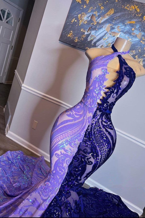 Showprettydess Purple Halter Beaded Sequined Mermaid Prom Dress with Appliqués-showprettydress