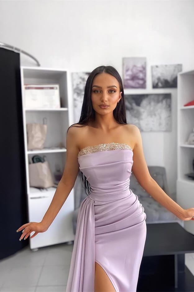Showprettydess Purple Strapless Mermaid Prom Dress with Side Split, Ruffles & Appliques-showprettydress